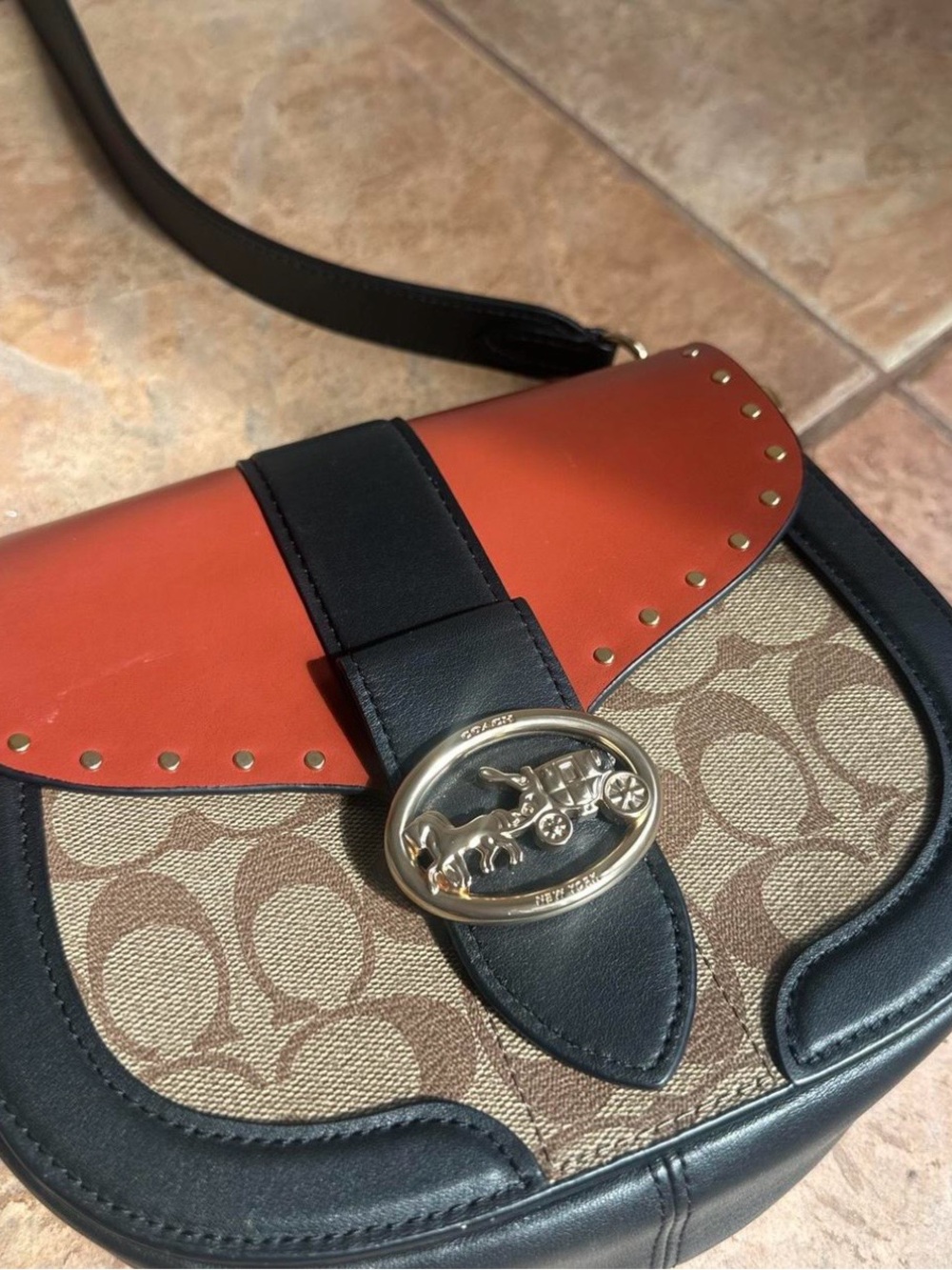 Coach Signature Saddle Crossbody in Brown, Rust & Black